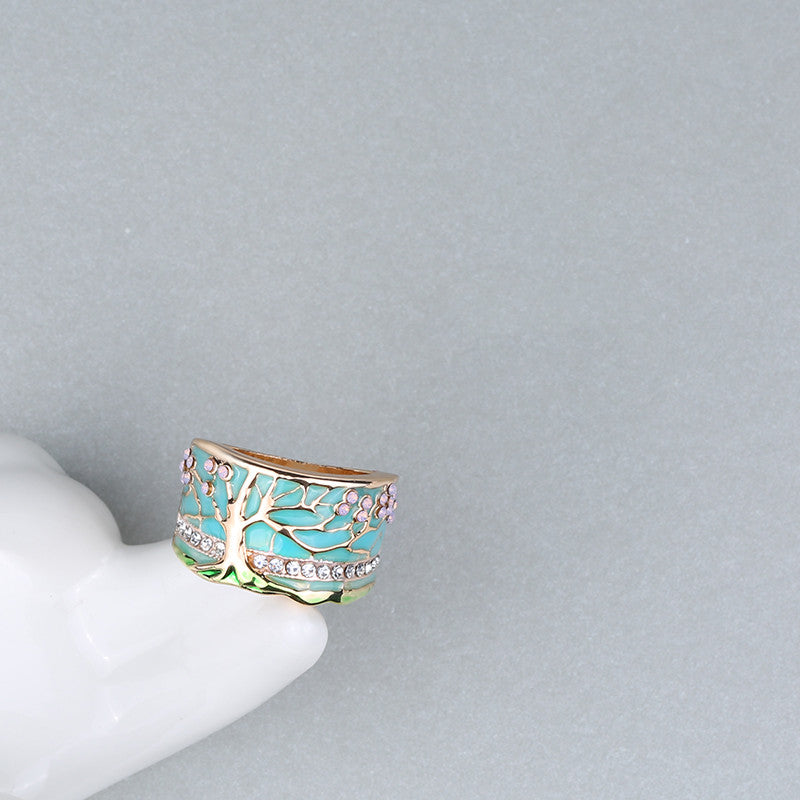 Elegant Blossom: Gold-Toned Opal & Green Enamel Ring with Crystal Accents - Hypoallergenic Vintage Elegance for Women