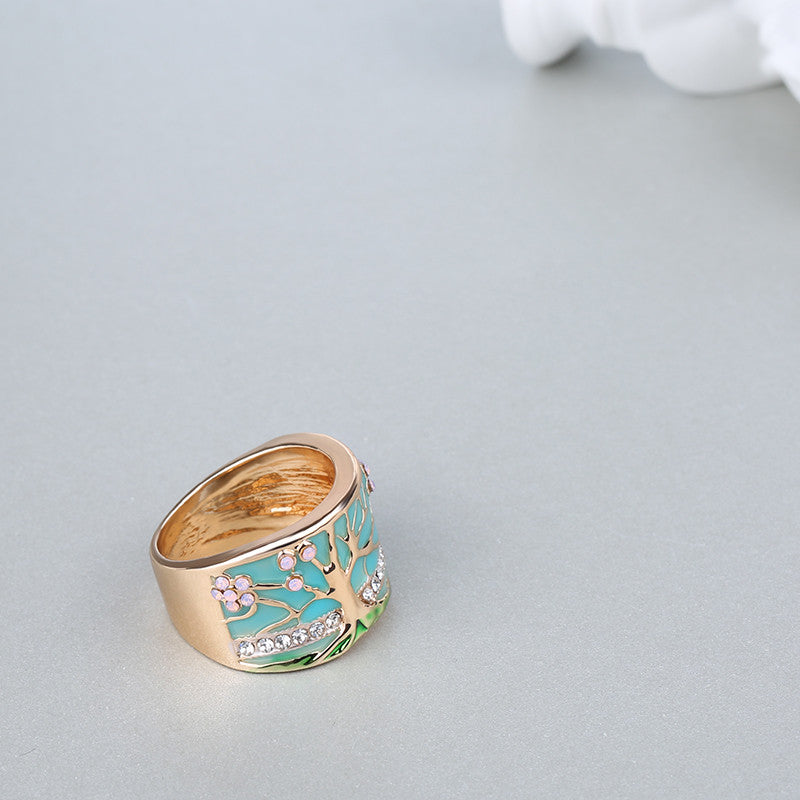 Elegant Blossom: Gold-Toned Opal & Green Enamel Ring with Crystal Accents - Hypoallergenic Vintage Elegance for Women