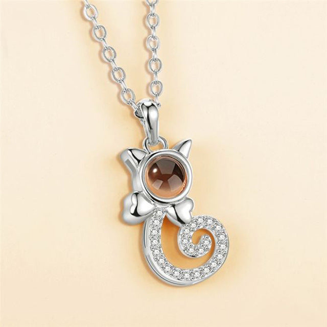 S925 Sterling Silver Cat Silhouette Necklace: Bespoke Colorful Photo Projection - An Intimate Personalized Keepsake