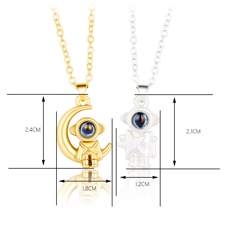 Set of 2 - Astronaut & Moon with 100-Language Starlight Elegance Necklace