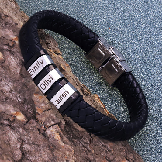 Sleek Elegance: Custom Black Woven Leather Bracelet for Men with Engraved Names