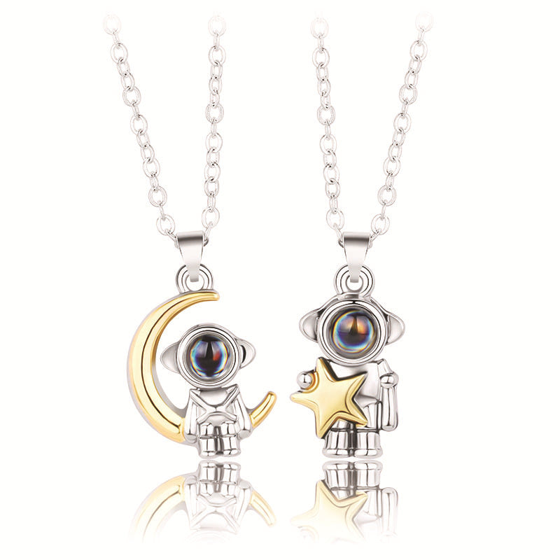 Set of 2 - Astronaut & Moon with 100-Language Starlight Elegance Necklace