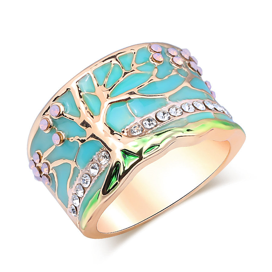 Elegant Blossom: Gold-Toned Opal & Green Enamel Ring with Crystal Accents - Hypoallergenic Vintage Elegance for Women