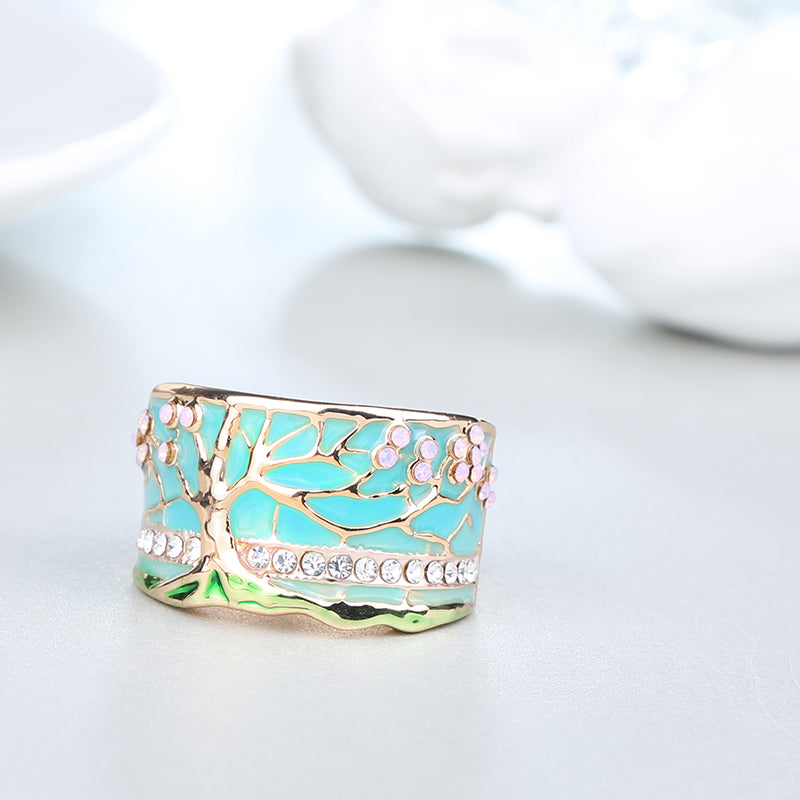 Elegant Blossom: Gold-Toned Opal & Green Enamel Ring with Crystal Accents - Hypoallergenic Vintage Elegance for Women