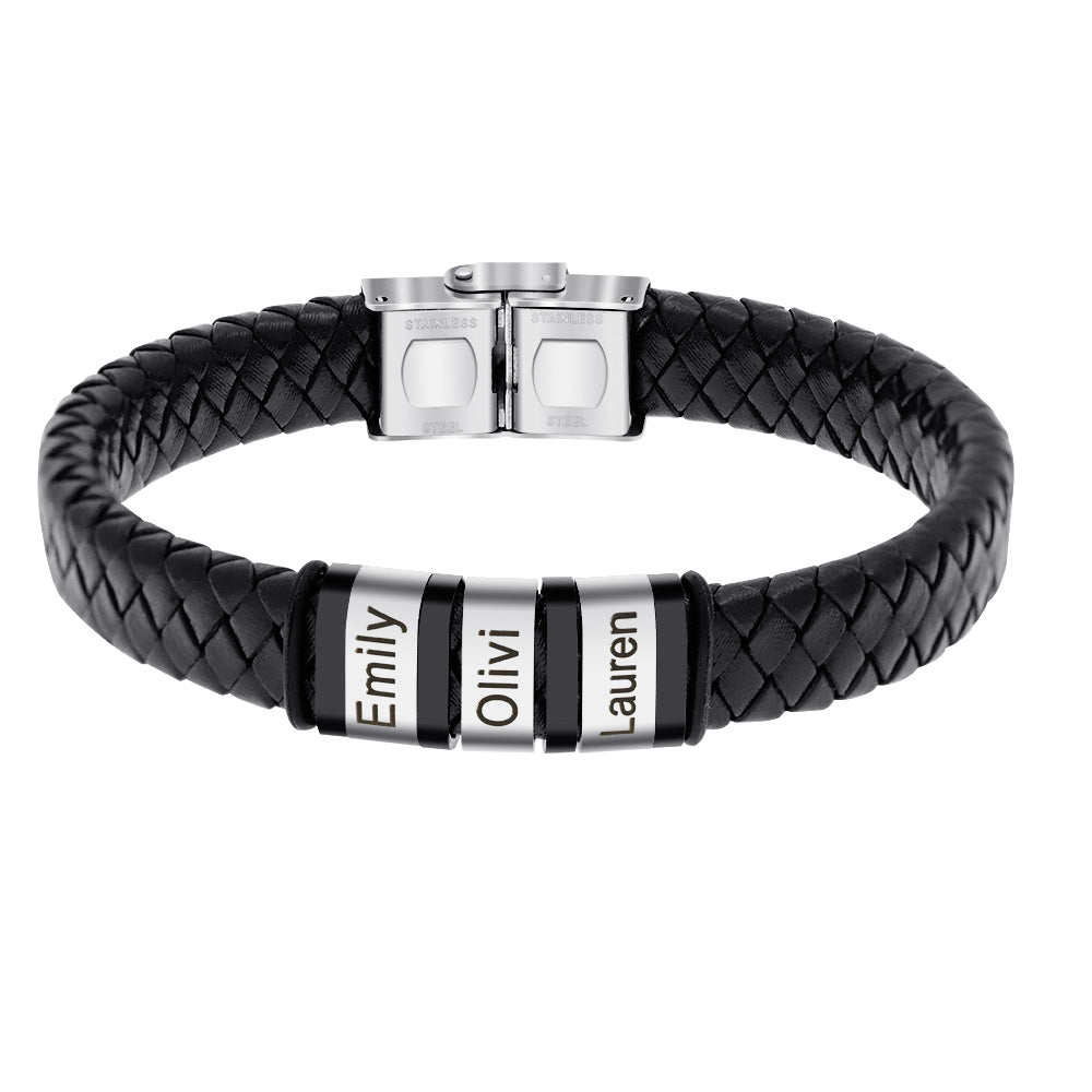 Sleek Elegance: Custom Black Woven Leather Bracelet for Men with Engraved Names