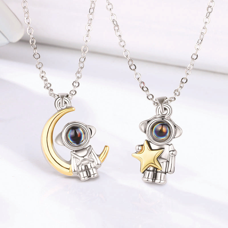 Set of 2 - Astronaut & Moon with 100-Language Starlight Elegance Necklace