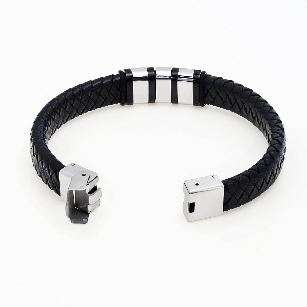 Sleek Elegance: Custom Black Woven Leather Bracelet for Men with Engraved Names