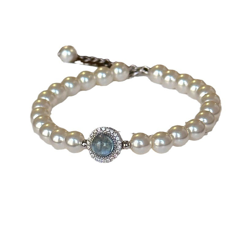 Elegant Essence: Handgemaakte Sterling zilveren armband met Zoetwaterparel &amp; Aquamarijn