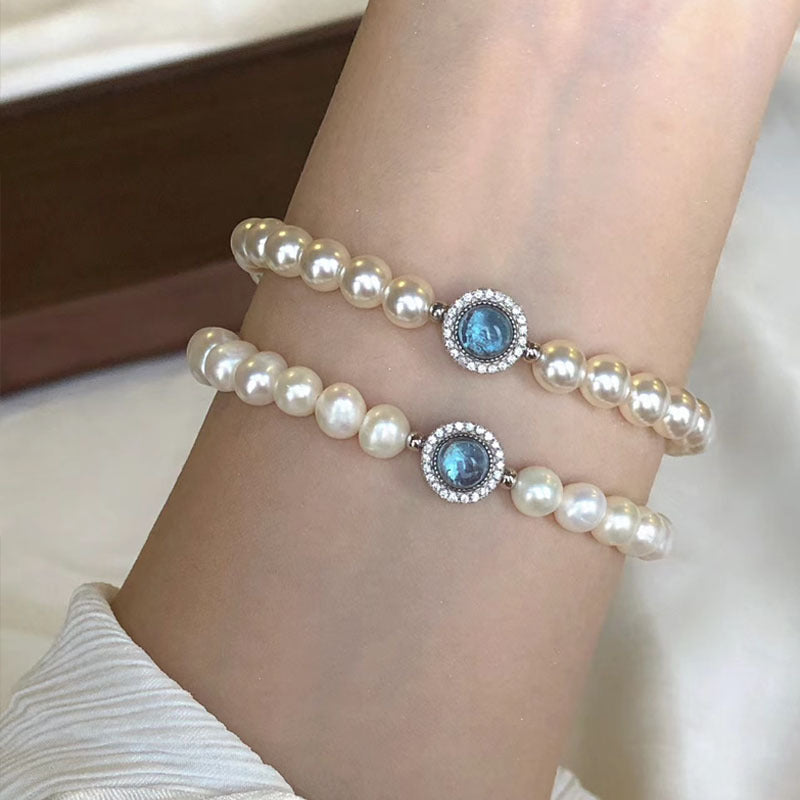 Elegant Essence: Handmade Sterling Silver Bracelet with Freshwater Pearl & Aquamarine