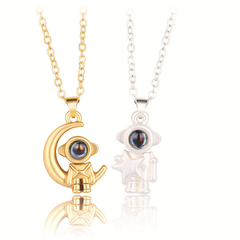 Set of 2 - Astronaut & Moon with 100-Language Starlight Elegance Necklace