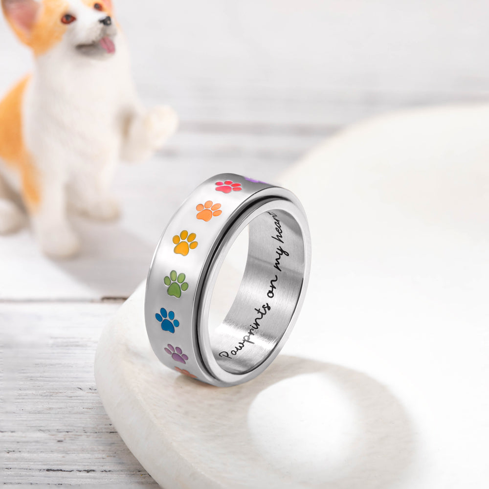 Personalized Rainbow Paw Print Spinner Ring for Stress Relief and Style