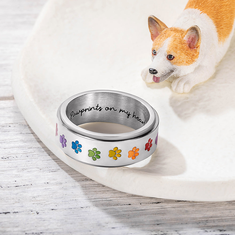 Personalized Rainbow Paw Print Spinner Ring for Stress Relief and Style