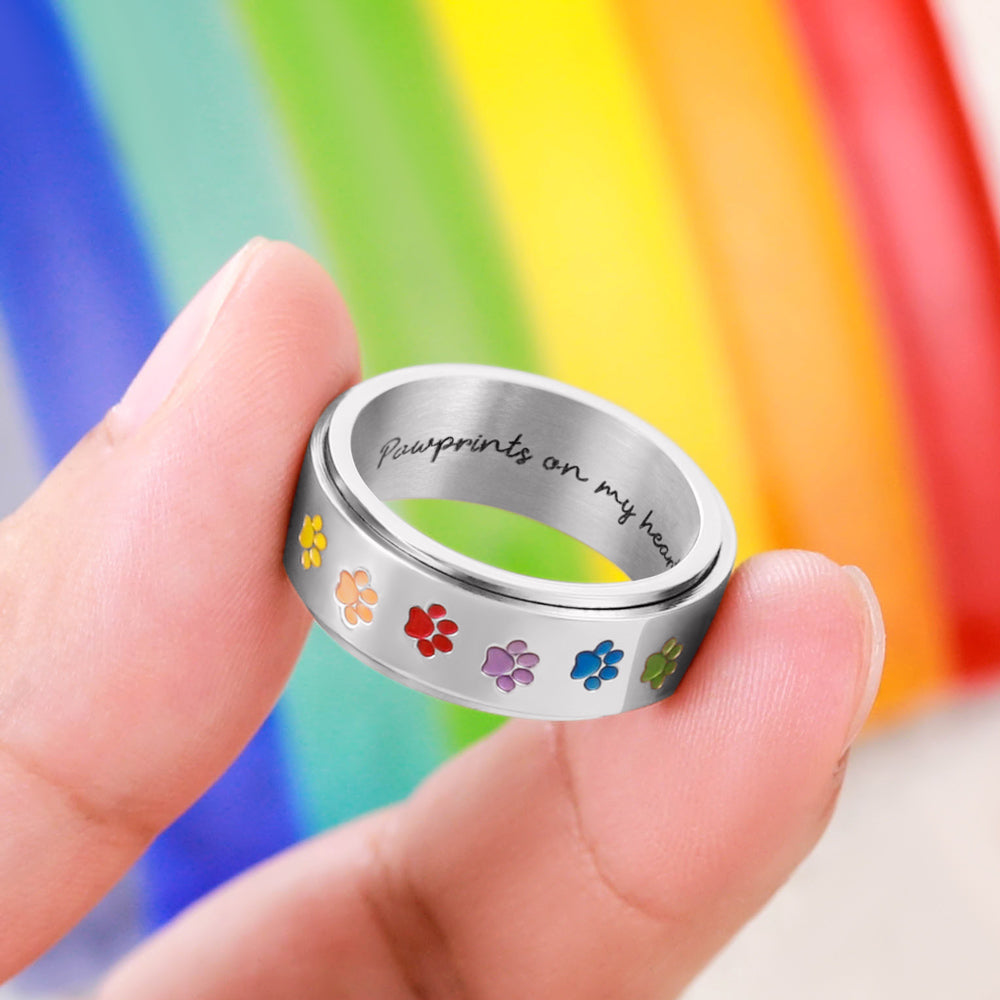 Personalized Rainbow Paw Print Spinner Ring for Stress Relief and Style