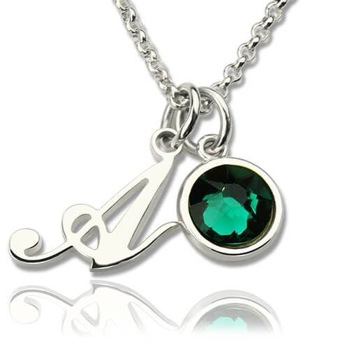 Personalized Birthstone With Initial Letter Necklace -  Sterling Silver