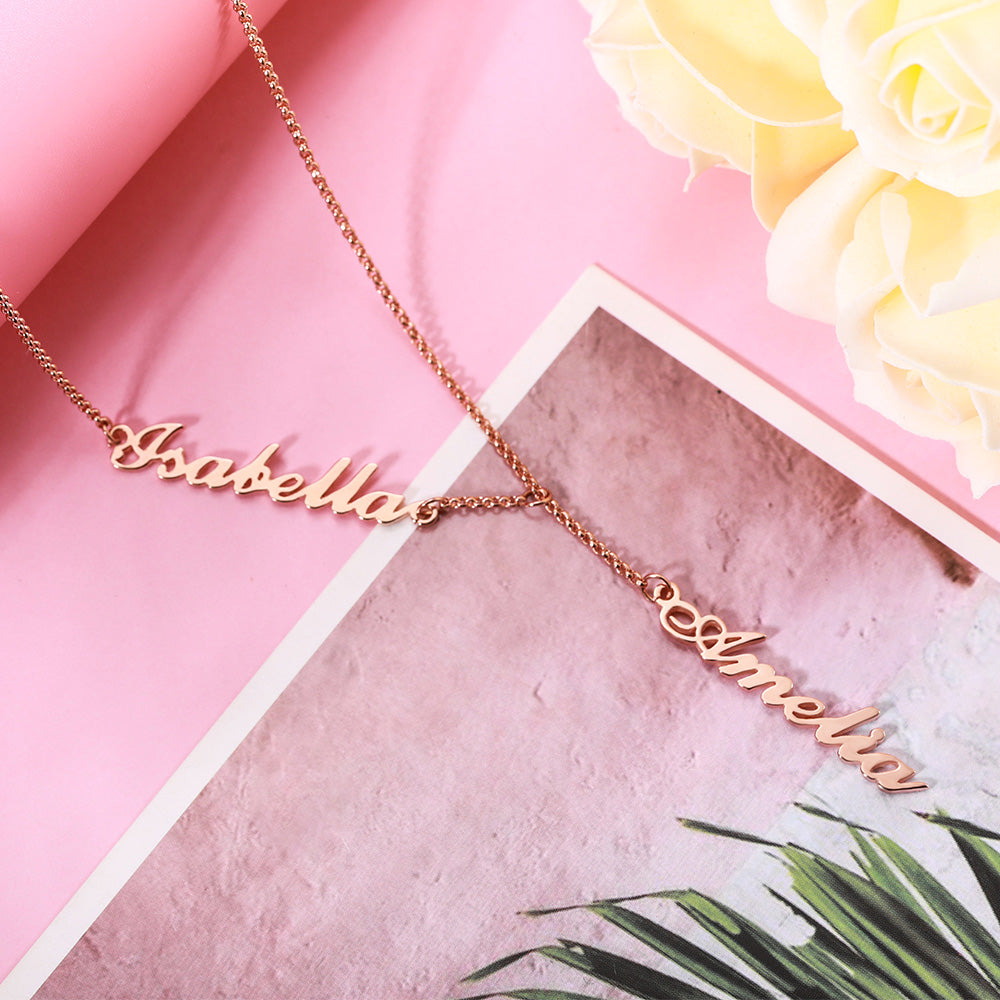 Duo Signature Elegance: Stainless Steel Y-Shaped Dual Name Necklace