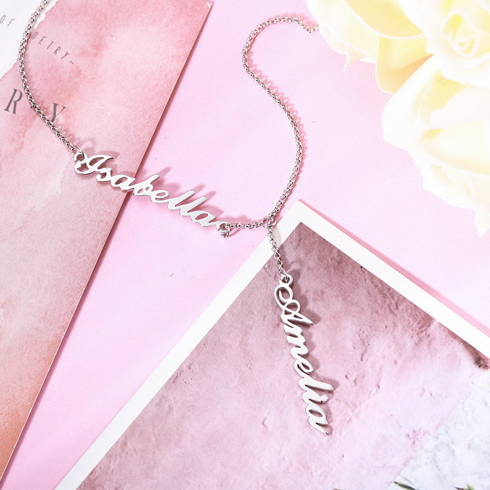 Duo Signature Elegance: Stainless Steel Y-Shaped Dual Name Necklace