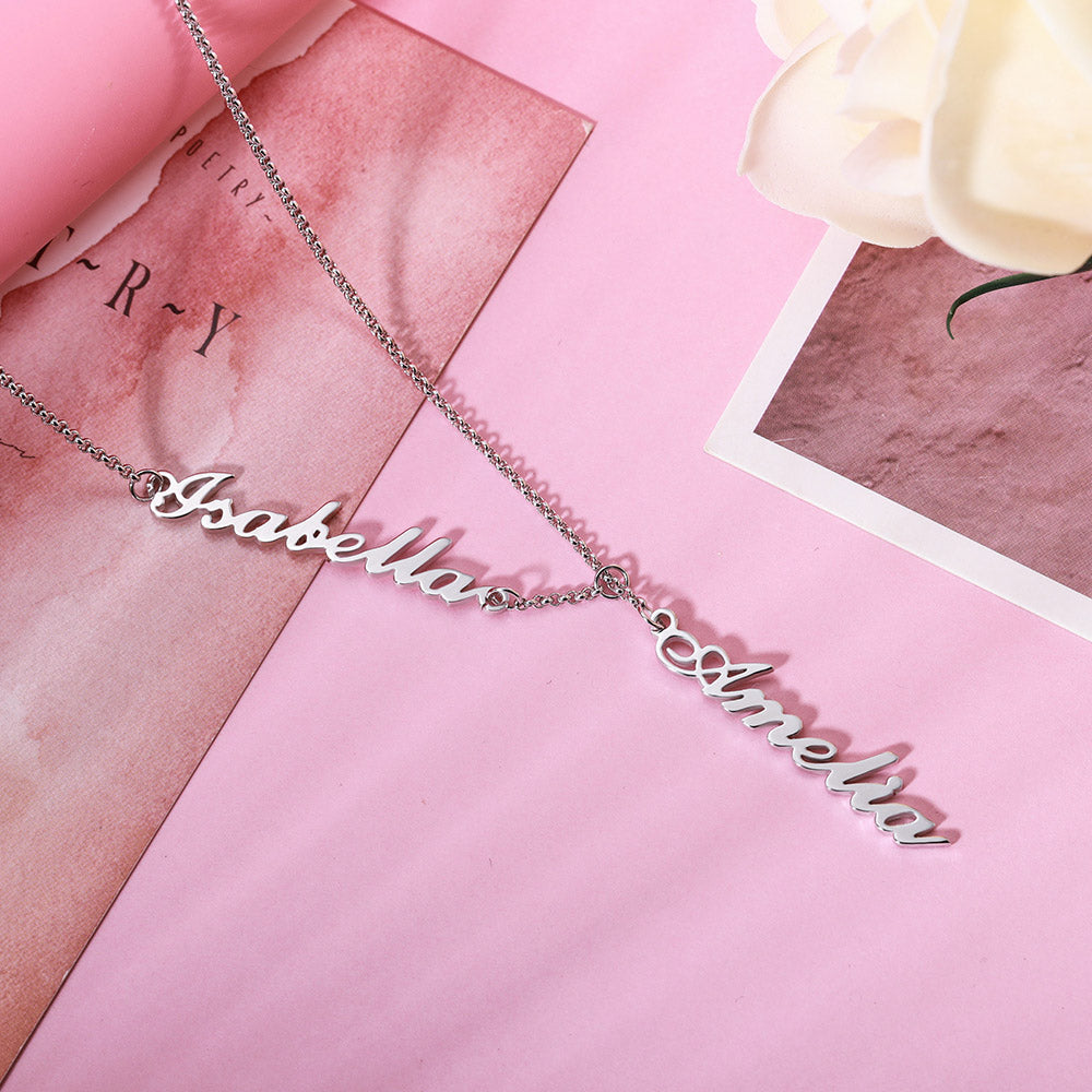 Duo Signature Elegance: Stainless Steel Y-Shaped Dual Name Necklace