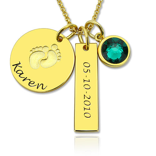 New Beginnings: Birthstone-Adorned Baby Feet Disc Necklace for Moms