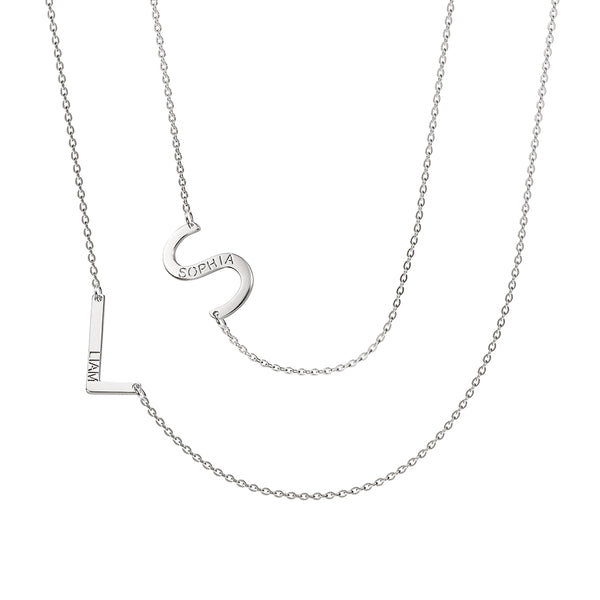 Dual Initials Sideways Layered Necklace with Custom Names - Stainless Steel