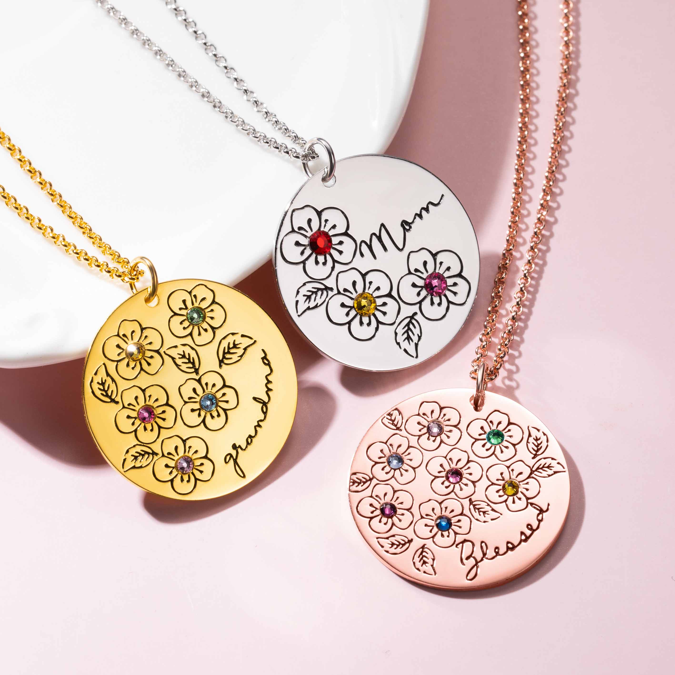 Blossoming Love: Custom Mother's Flower Birthstone Necklace in Stainless Steel