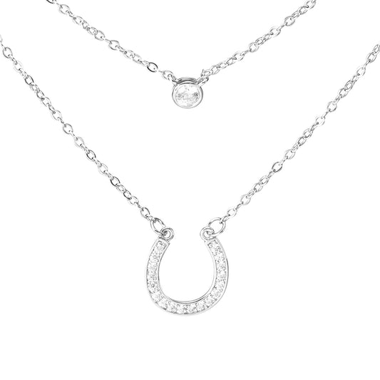 Hufeisenförmiges mehrschichtiges Halsketten-Set mit kubischem Zirkonia | Doppellagige Halskette | S925 Sterling Silber | Viel Glück Halskette