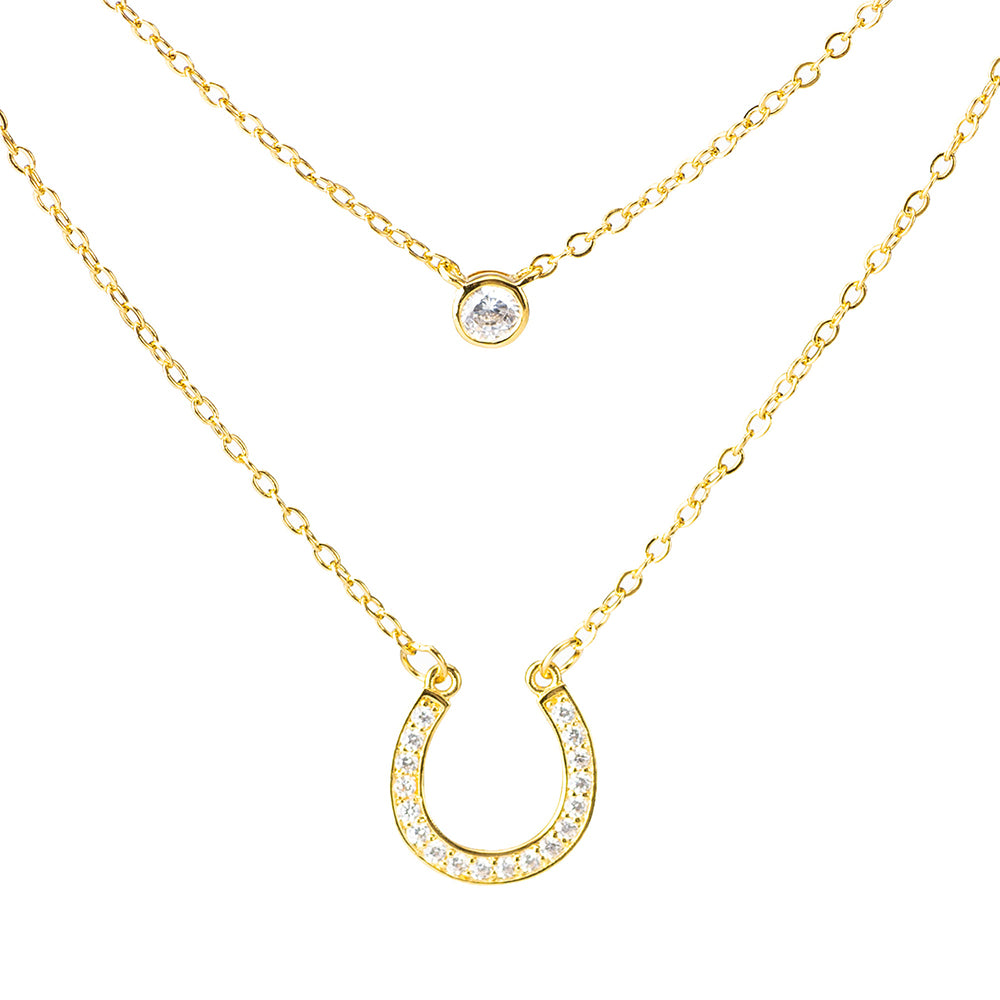 Horseshoe Shaped Cubic Zirconia Layered Necklace Set | Double layer Necklace | S925 Sterling Silver | Good Luck Necklace