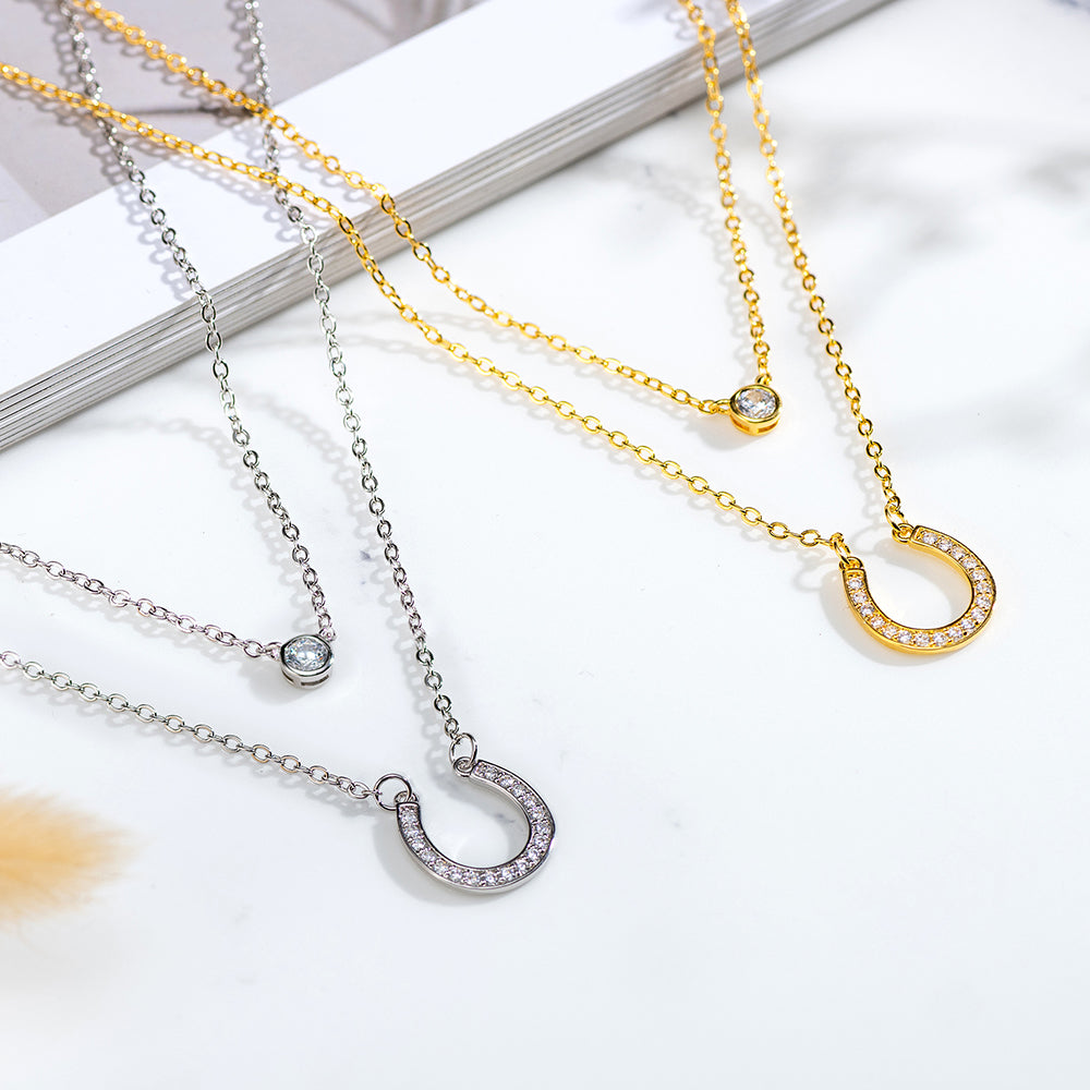 Hoefijzervormige zirkonia gelaagde kettingset | Dubbellaagse ketting | S925 sterlingzilver | Veel geluk ketting