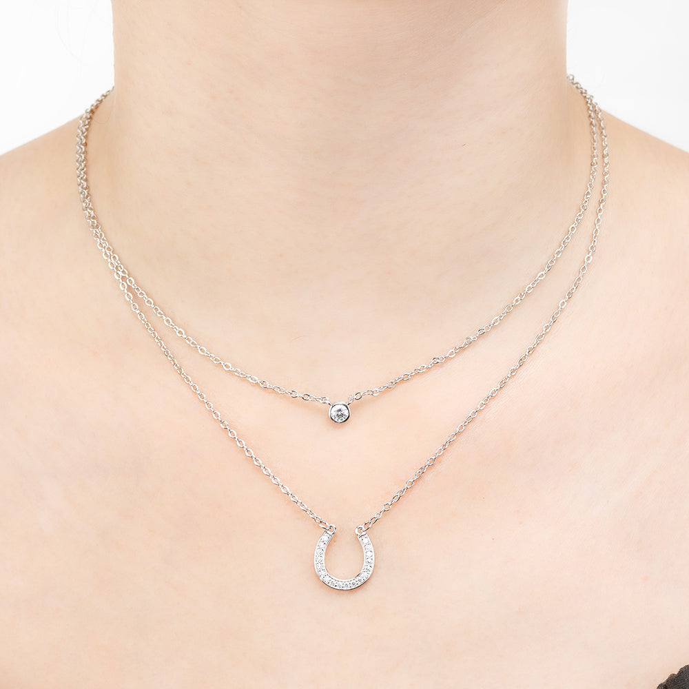 Horseshoe Shaped Cubic Zirconia Layered Necklace Set | Double layer Necklace | S925 Sterling Silver | Good Luck Necklace