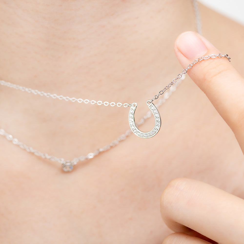 Horseshoe Shaped Cubic Zirconia Layered Necklace Set | Double layer Necklace | S925 Sterling Silver | Good Luck Necklace